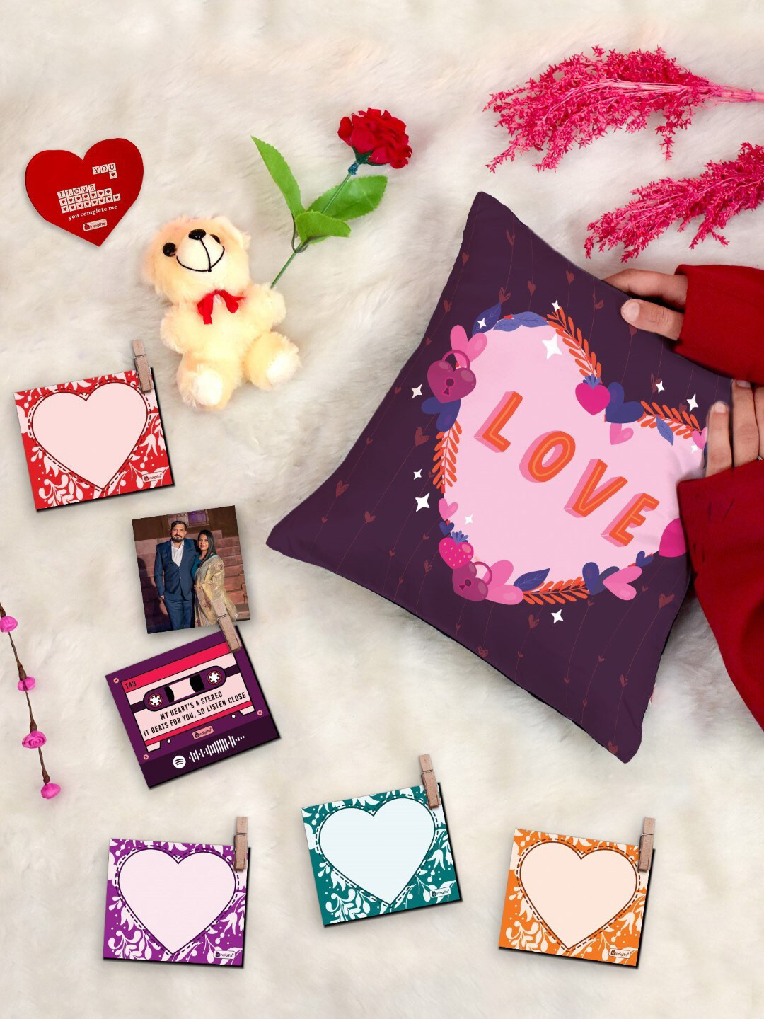 Indigifts 9 Pieces Purple Cotton Cushion with Filler Photo Clip and Card Rose with Teddy