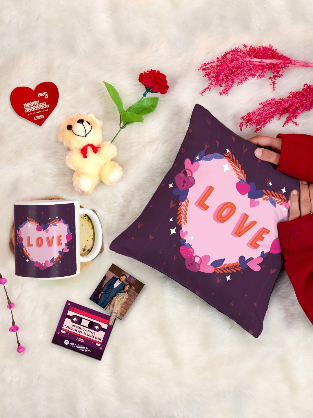 Indigifts 6 Pieces Valentine Day Cushion Teddy Coffee Mug with Card Rose & Photo Clip