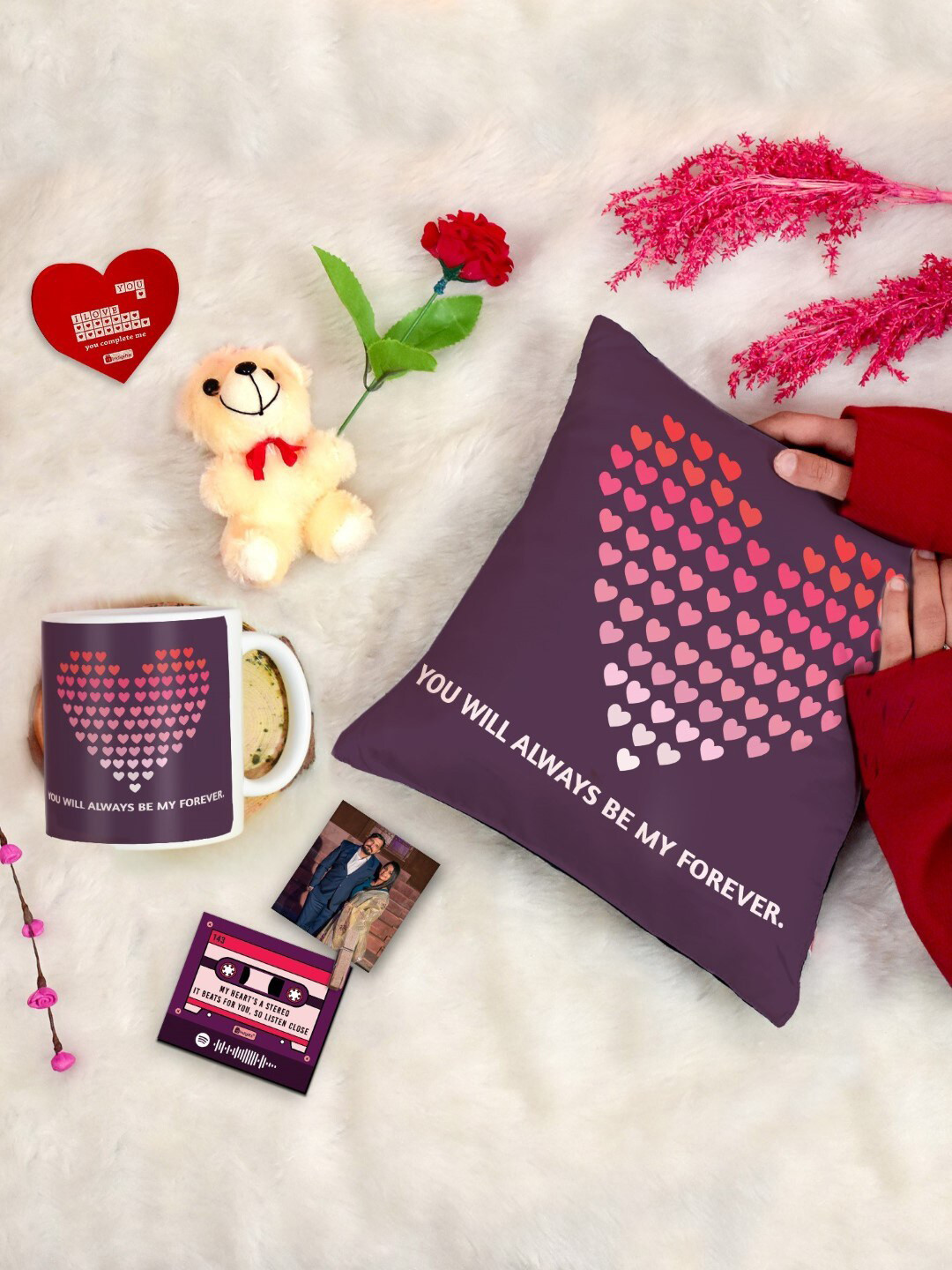 Indigifts 6 Pieces Purple Cushion Cover Teddy Coffee Mug with Card Rose & Photo Clip