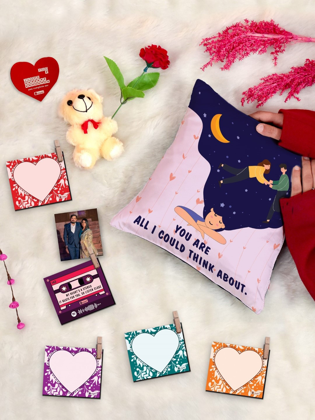 Indigifts 9 Pieces Cotton Cushion With Filler Photo Clips and Card Rose With Teddy