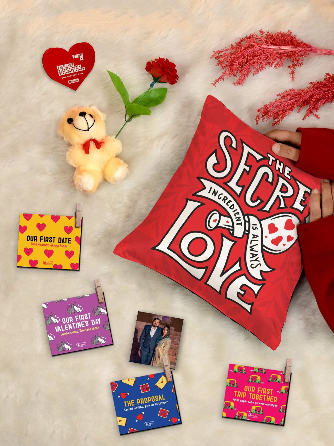Indigifts 8 Pieces Red & Cream Coloured Cushion Teddy Greeting Card Rose & Photo Clips