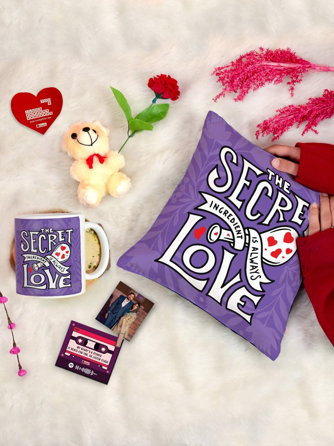 Indigifts 6 Pieces Purple & White Cushion Teddy Coffee Mug with Card Rose & Photo Clip