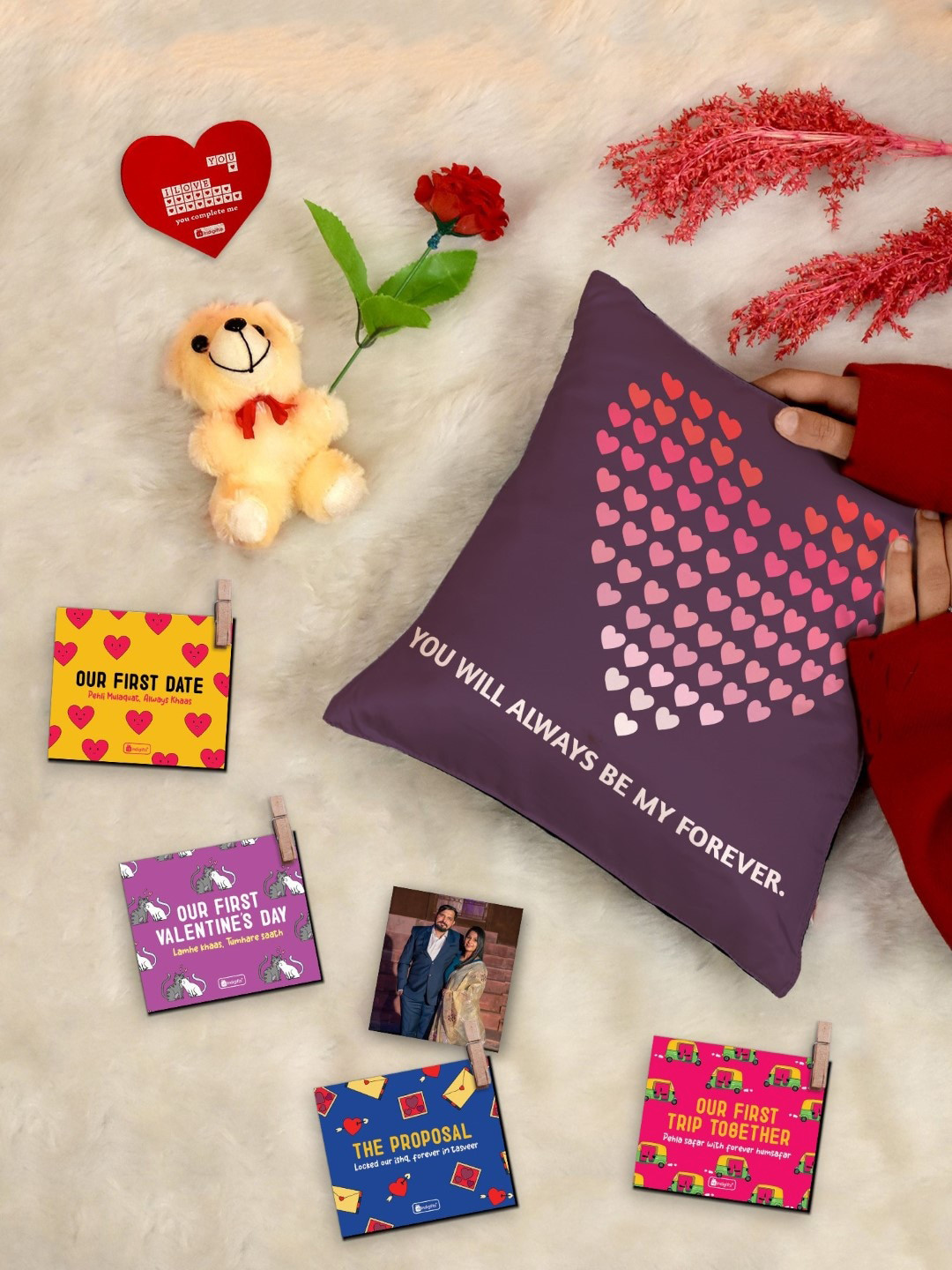 Indigifts Purple 8 Pieces Cushion Cover Teddy Greeting Card Rose & Photo Clips