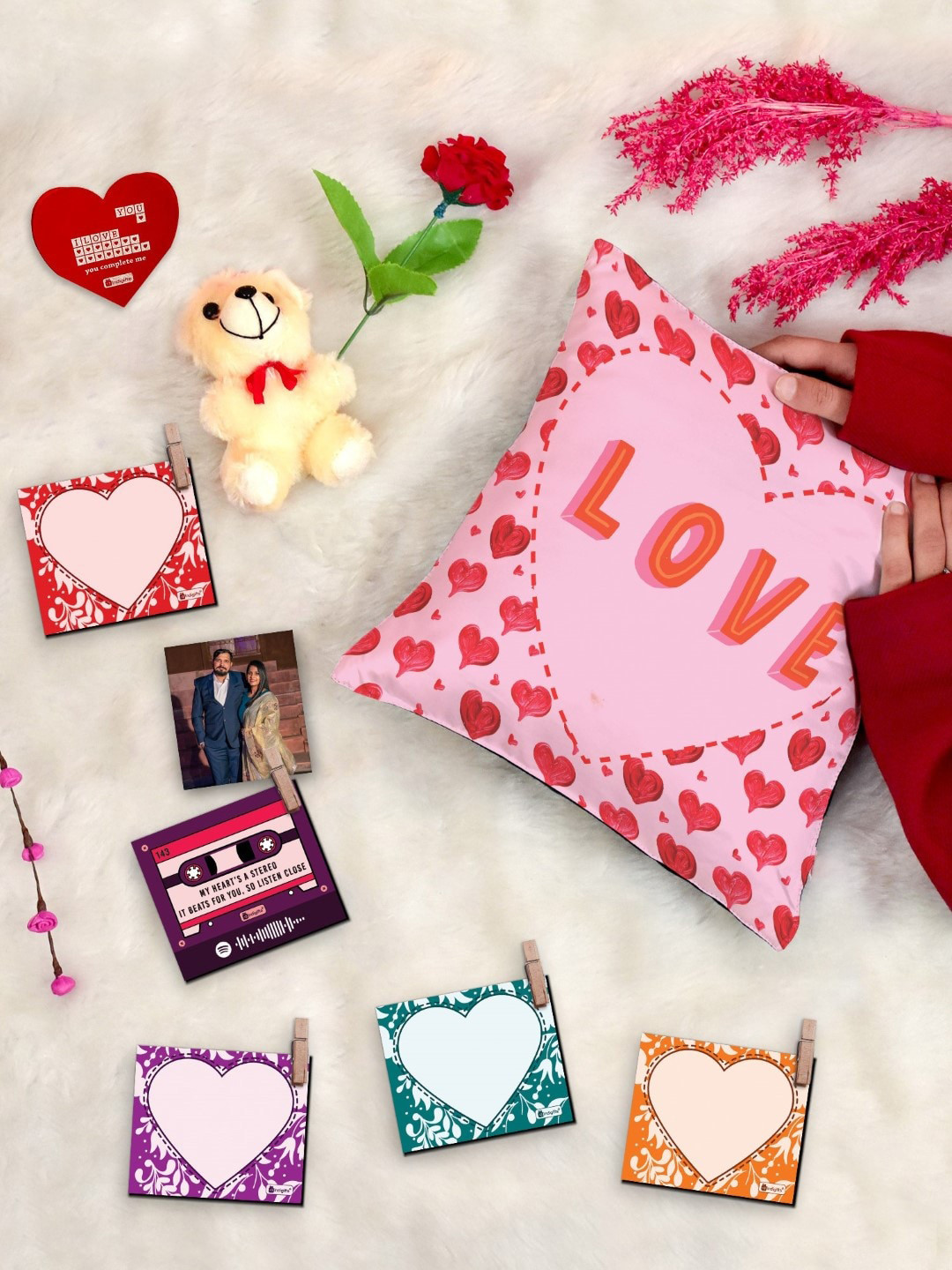 Indigifts Pink 9 Pieces Cushion Cover With Filler Photo Clip and Card Rose With Teddy