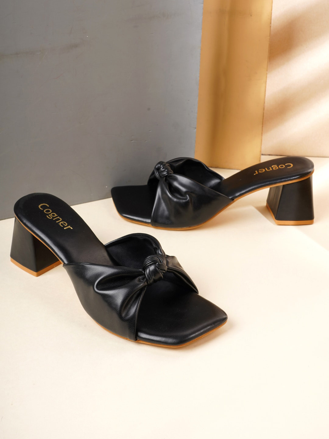 Cogner Synthetic Leather Open Toe Bow Detail Block Heels