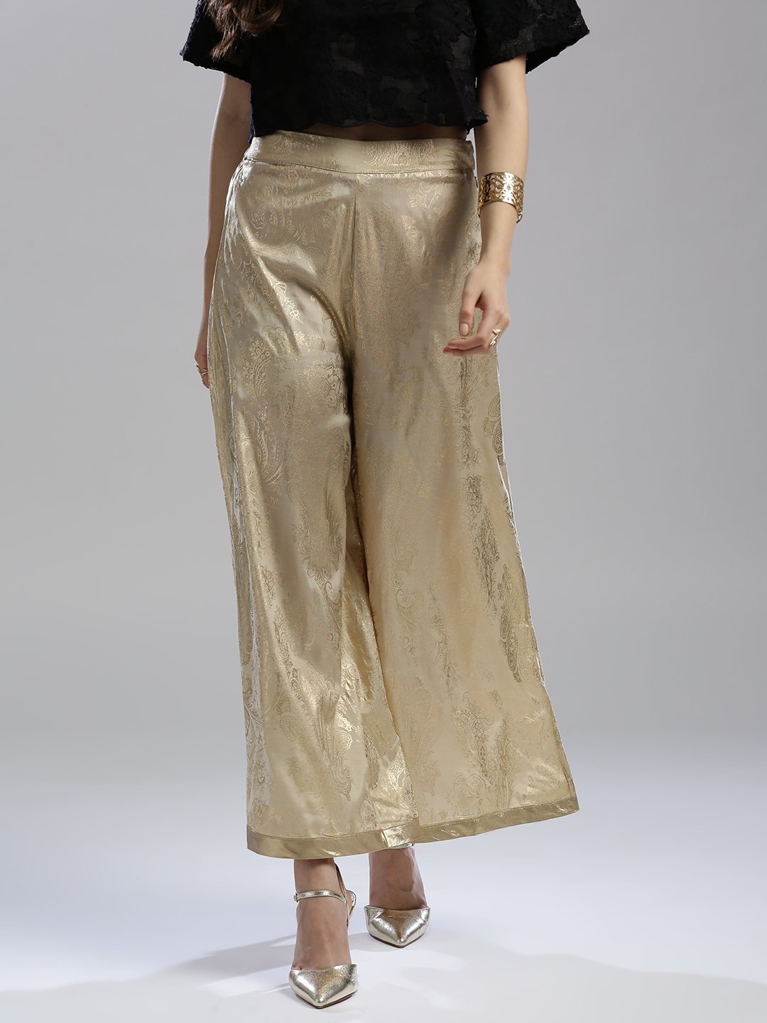 Womens Gota Design Palazzo Pant Gold Color Rayon Fabric Free Size   MENSIMPRESSION  3938113
