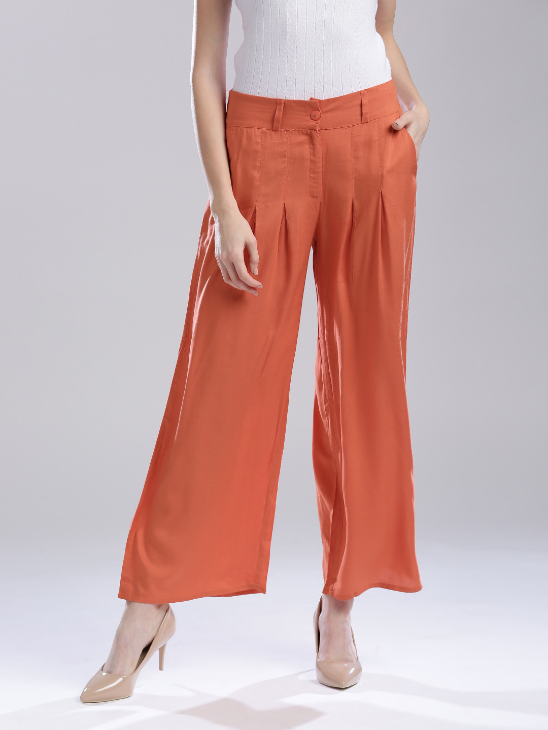 W Women Rust Orange Solid Flared Palazzos
