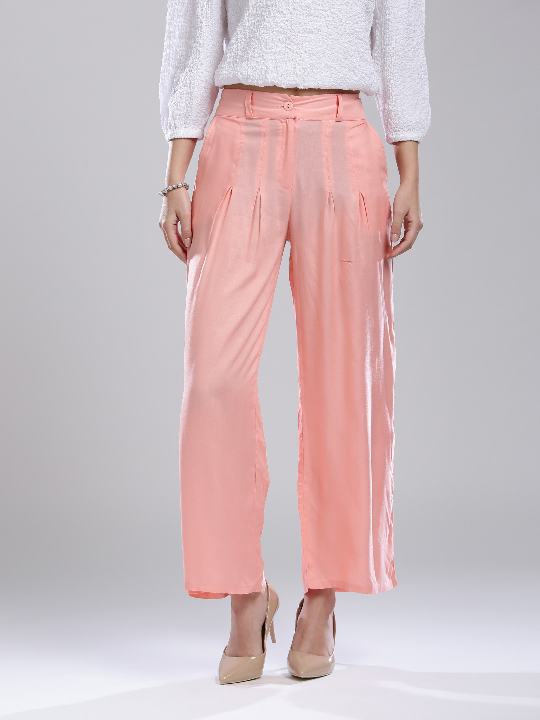 W Women Peach-Coloured Wide Leg Solid Palazzos