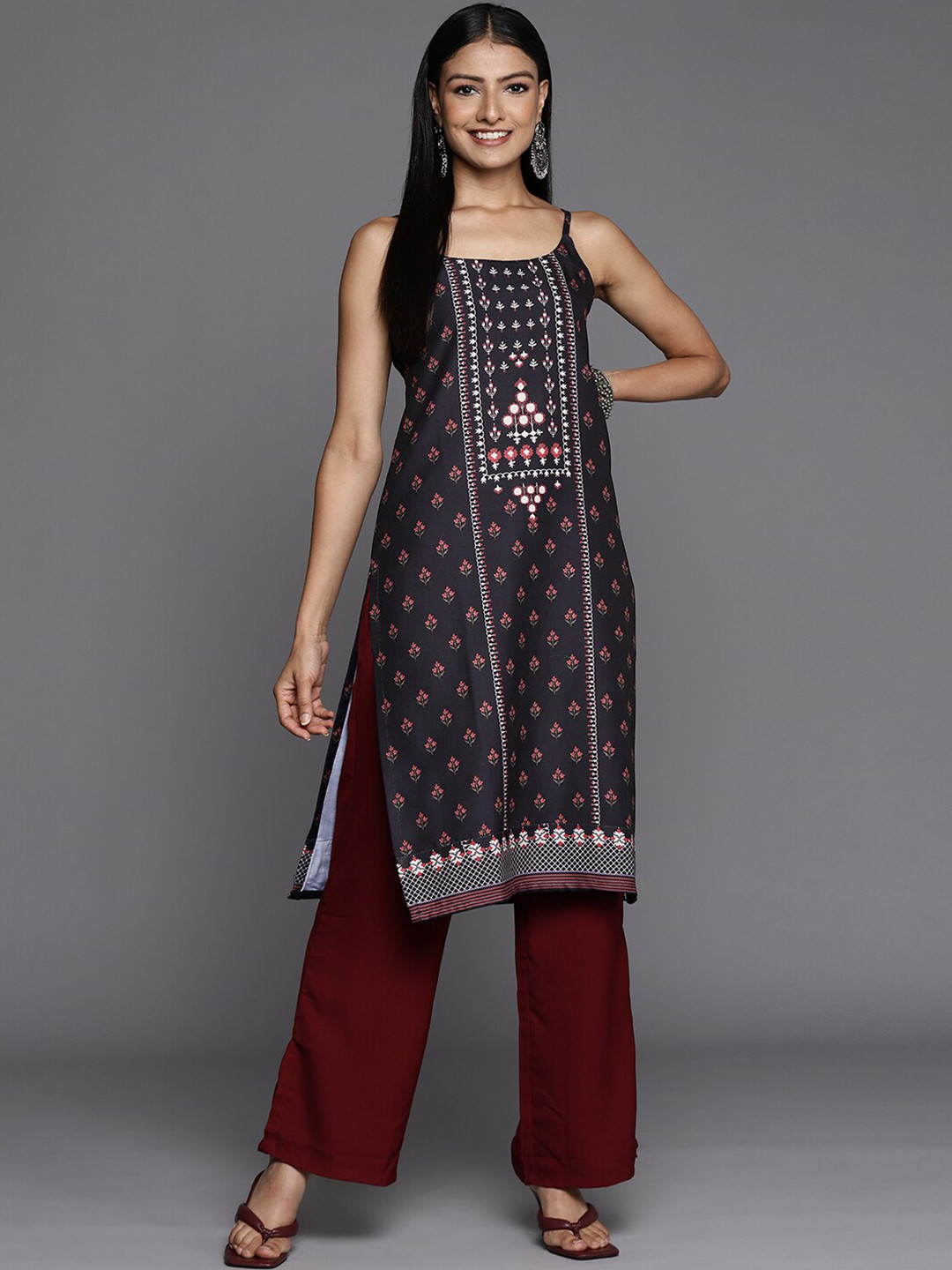 Varanga Floral Printed Mirror Work Kurti