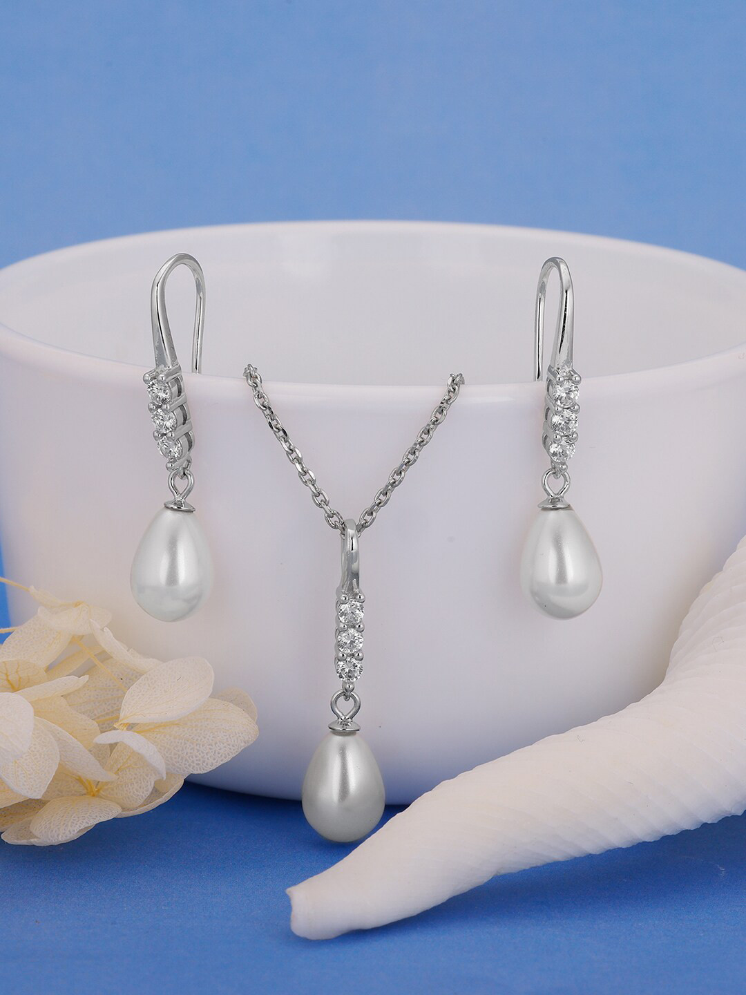GIVA Rhodium-Plated Stone-Studded Sterling Silver Jewellery Set