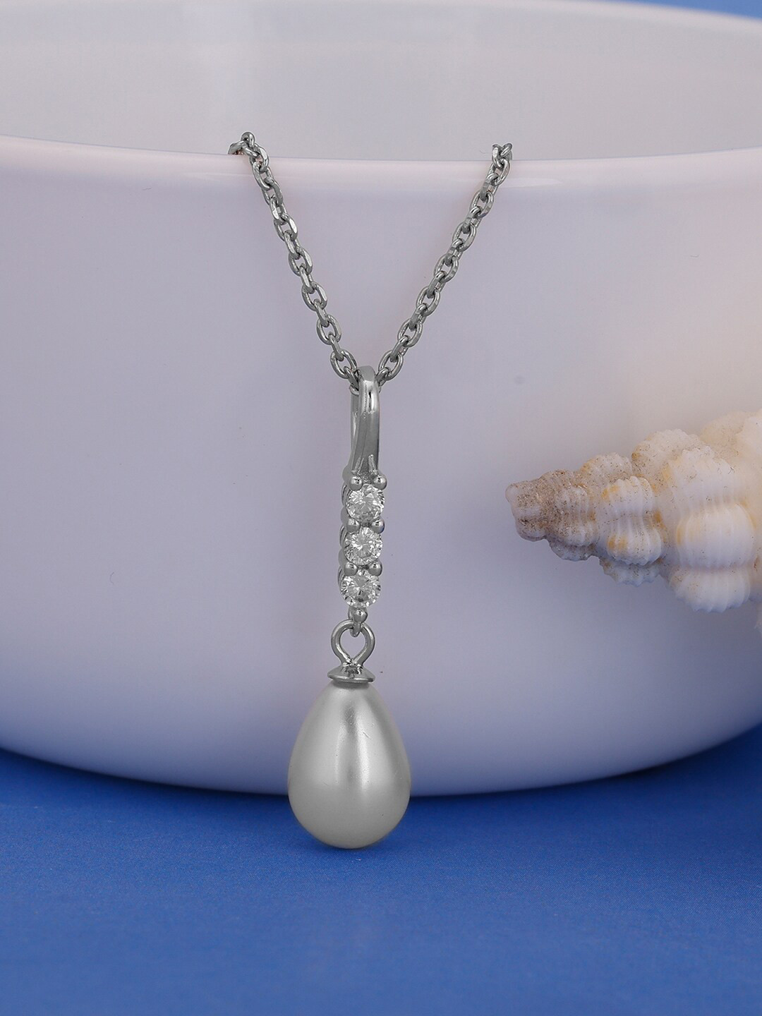 GIVA 925 Sterling Silver Rhodium-Plated CZ Stone-Studded & Drop Pendant With Chain