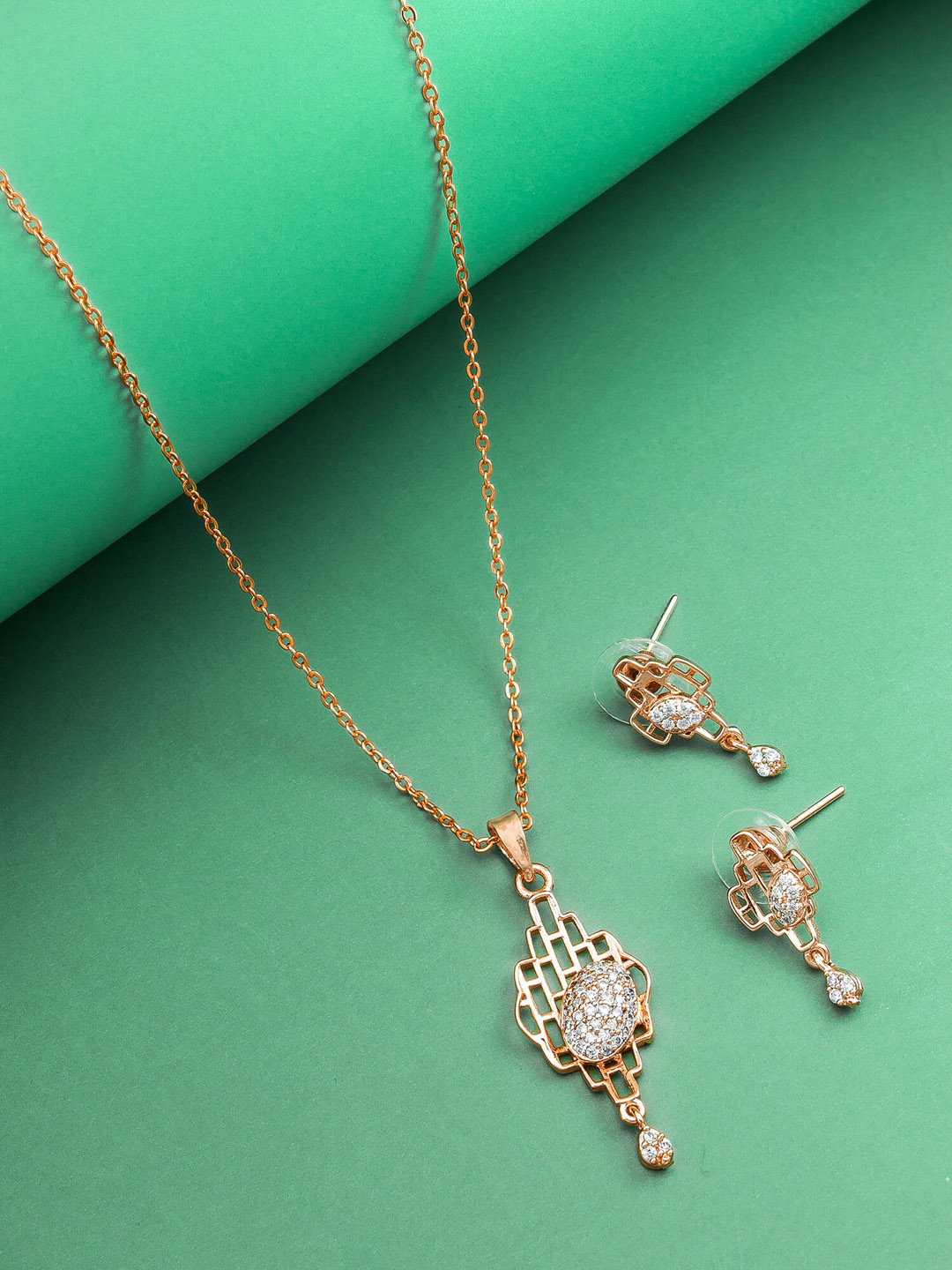 Aadita Rose Gold Plated CZ Studded Pendant Set