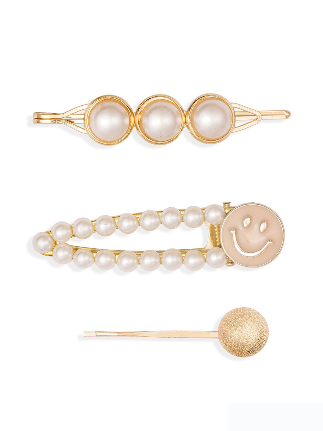 HAIR DRAMA CO. Women Set of 3 Smiley Pearls Studded Hair Pins & Clips