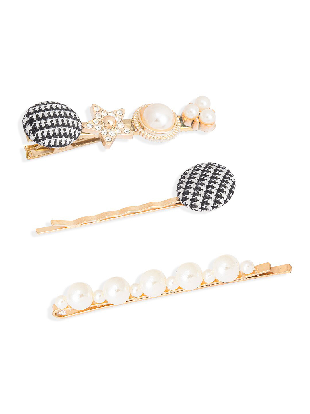 HAIR DRAMA CO. Women Set of 3 Gold-Toned & Black Plaid & Pearls Hair Pins & Clips