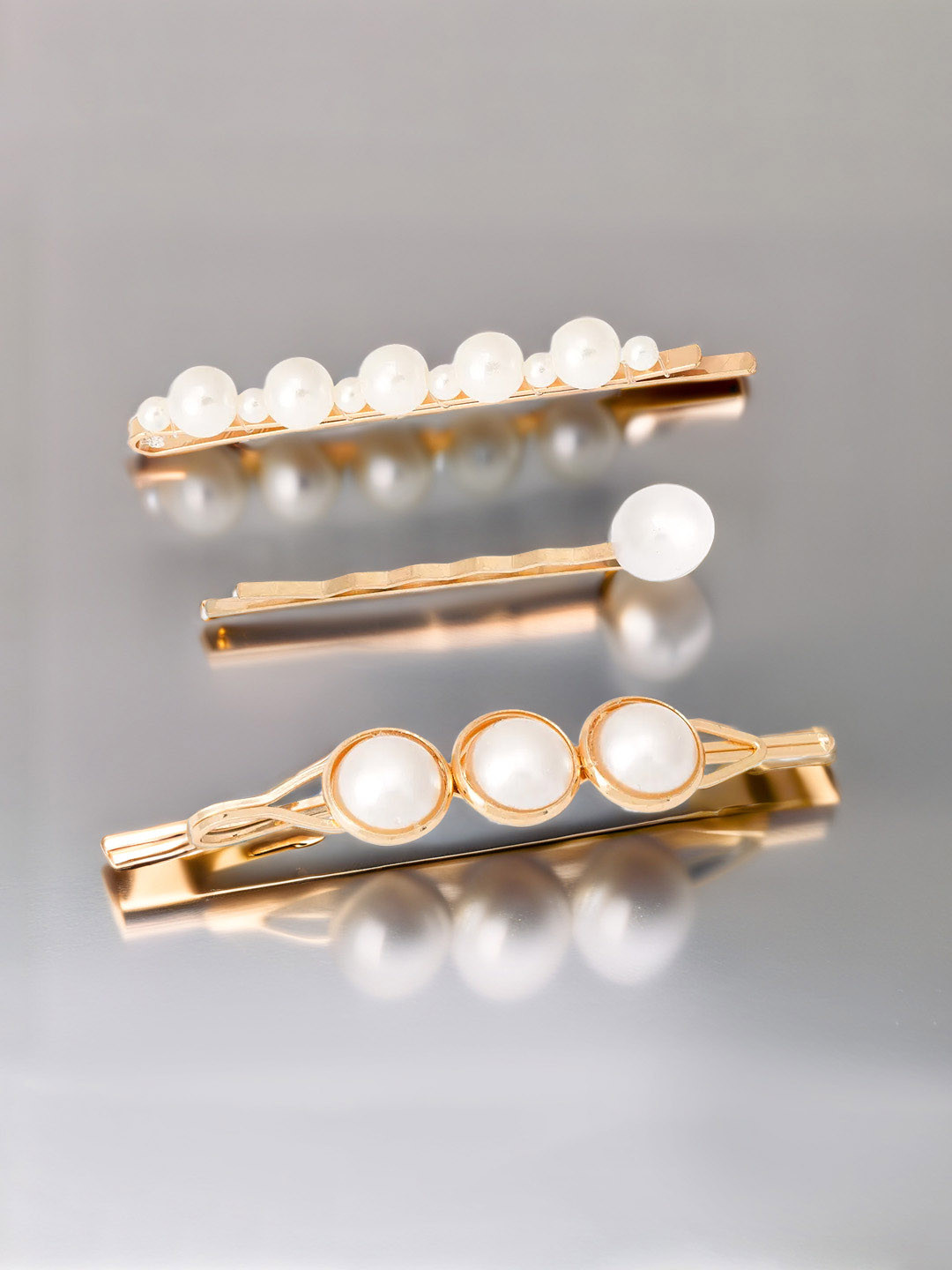 HAIR DRAMA CO. Girls Set of 3 Gold-Toned Pearl-Embellished Hair Pins