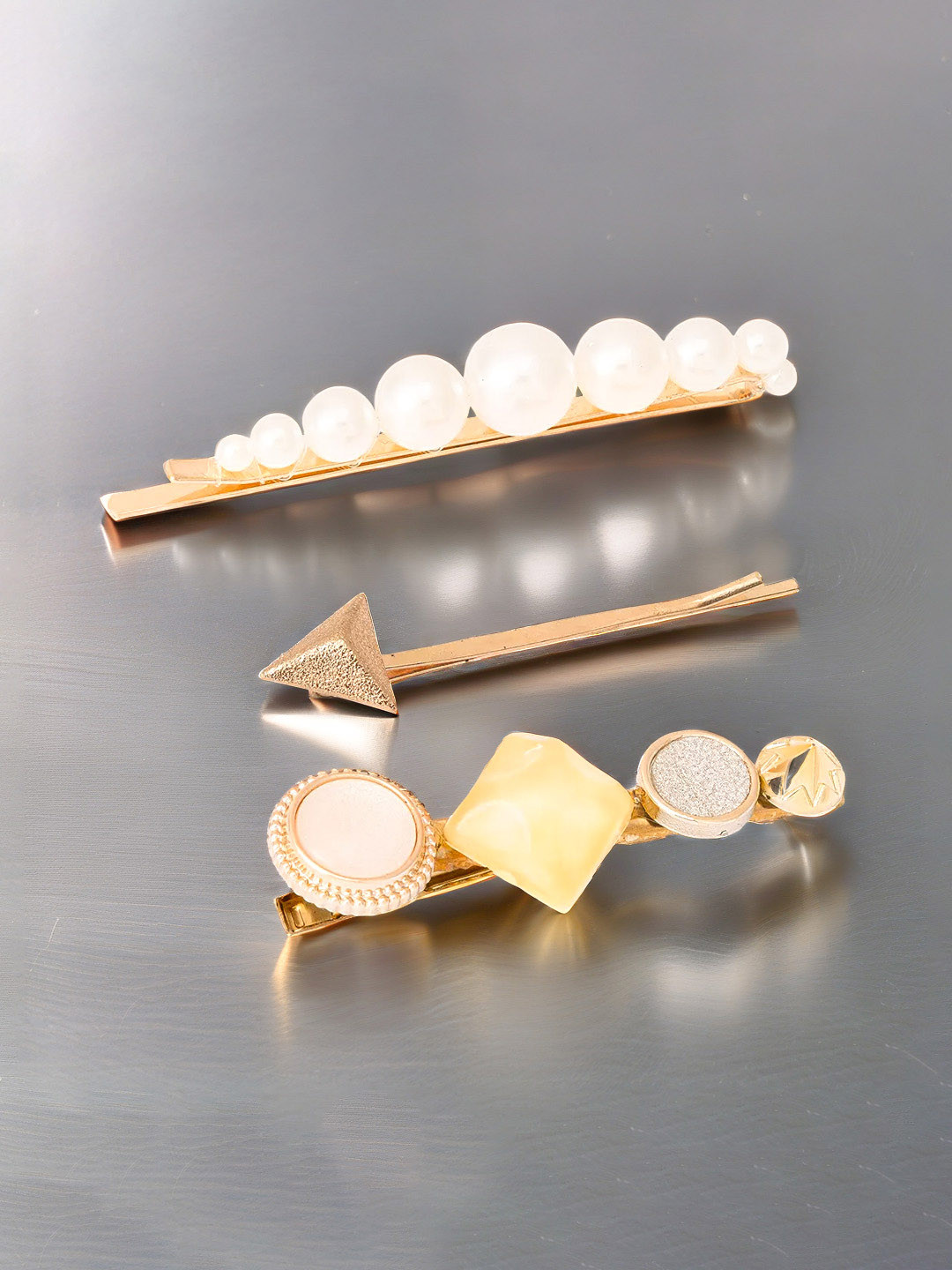 HAIR DRAMA CO. Girls Set of 3 Yellow & White Pearls and Crystal Hair Pins