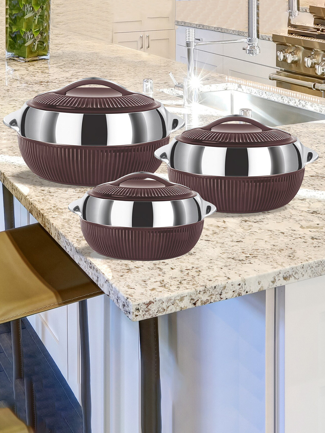 Milton Fiesta Brown Insulated Stainless Steel Casserole Set of 3 Pcs 450 ml 830 ml 1370 ml