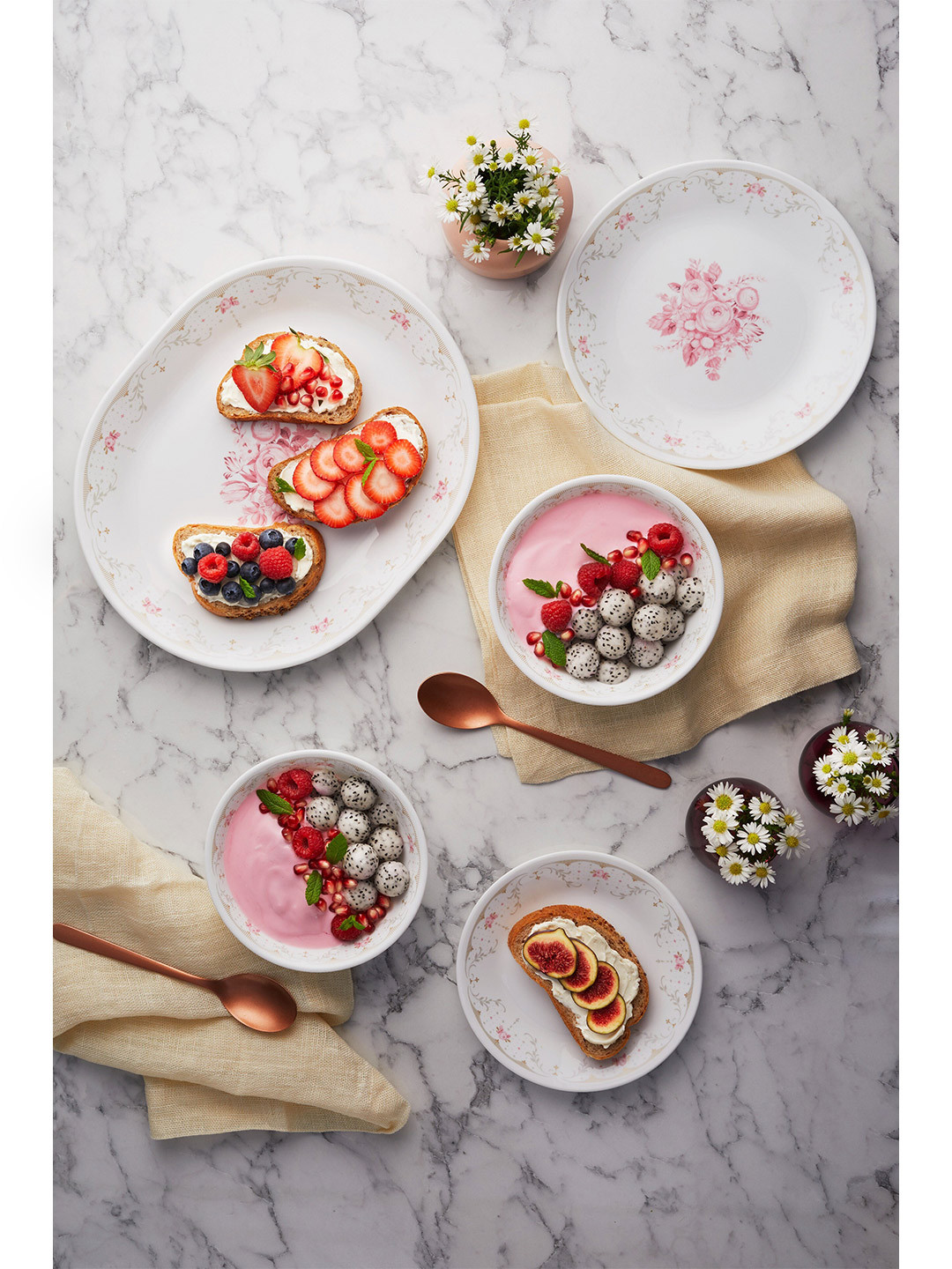 Corelle Asia Collection White & Pink Floral Printed Glossy Vitrelle Glass Bowl 950 ml