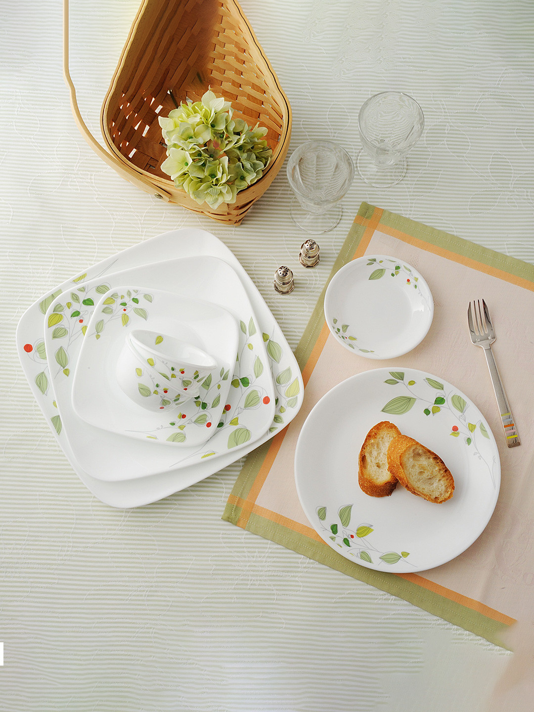 Corelle Asia Collection White & Green 4 Piece Floral Print Vitrelle Glass Bowls 177ml Each