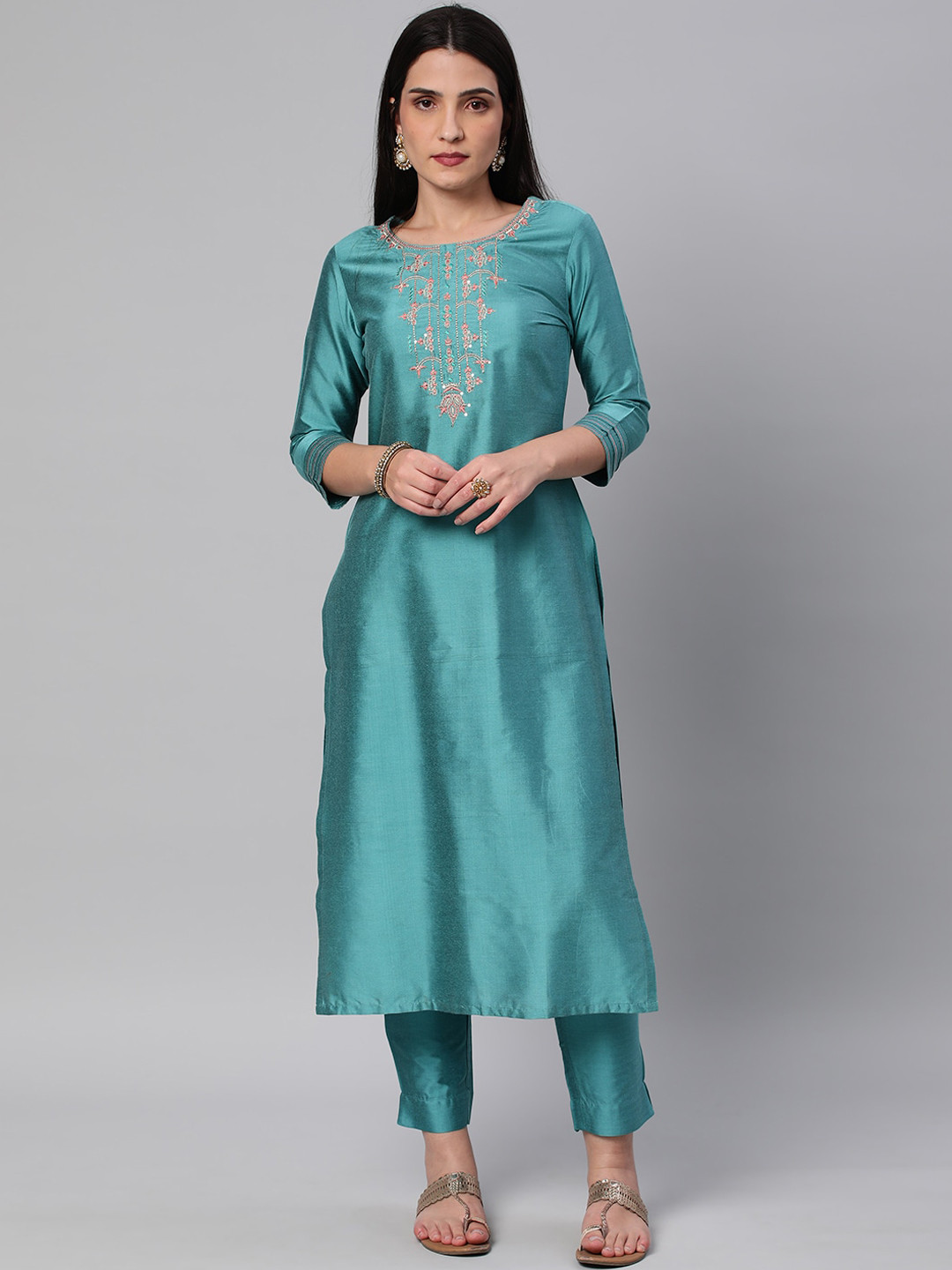 KAMI KUBI Women Blue Geometric Yoke Design Thread Work Kurta