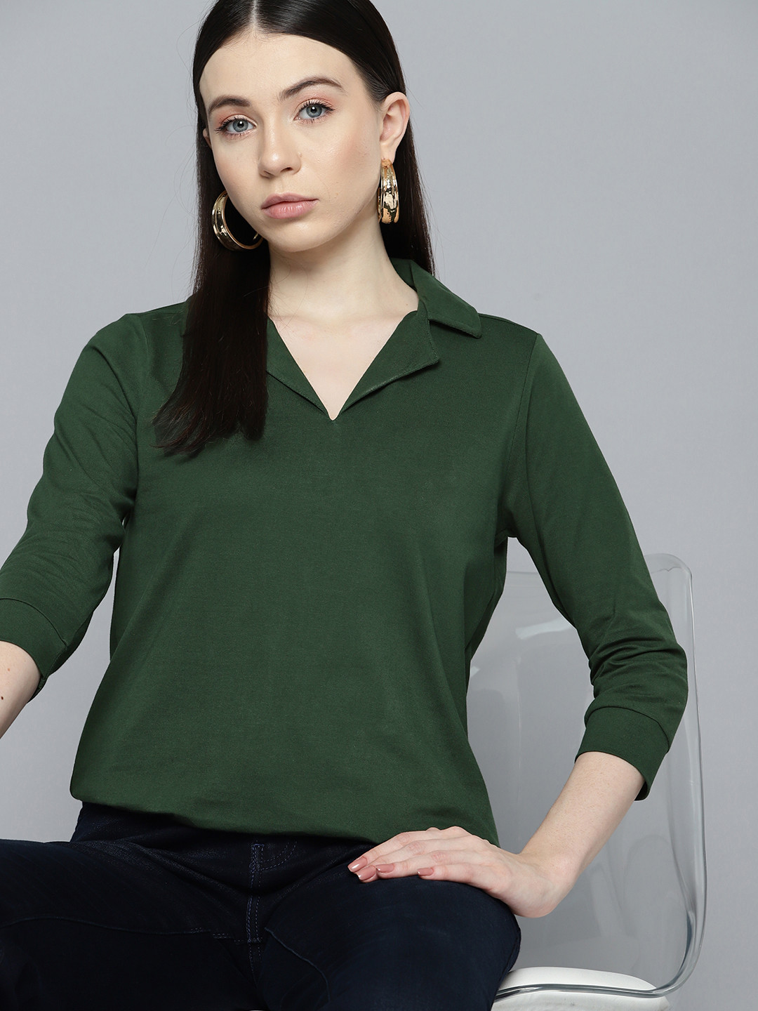 Chemistry Cuban Collar Solid Pure Cotton Top