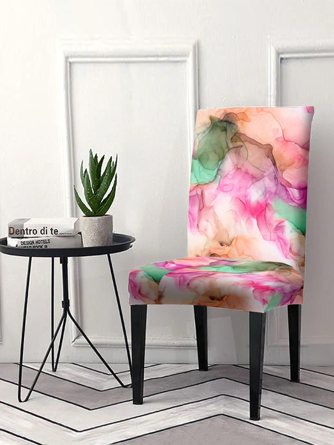 Cortina Pink & Green Abstract Printed Non-Slip Chair Cover