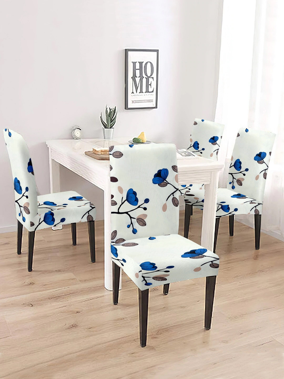 Cortina 4 Pieces White & Blue Floral Printed Non-Slip Chair Covers