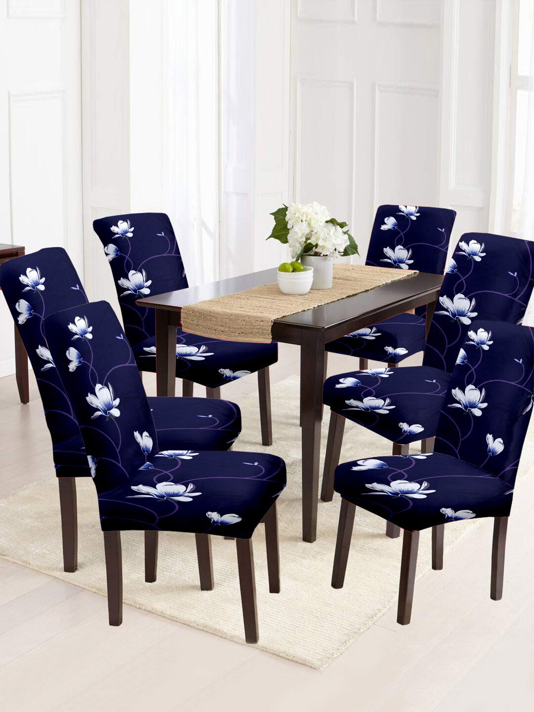 Cortina 6 Pieces Blue & White Floral Printed Non-Slip Chair Covers