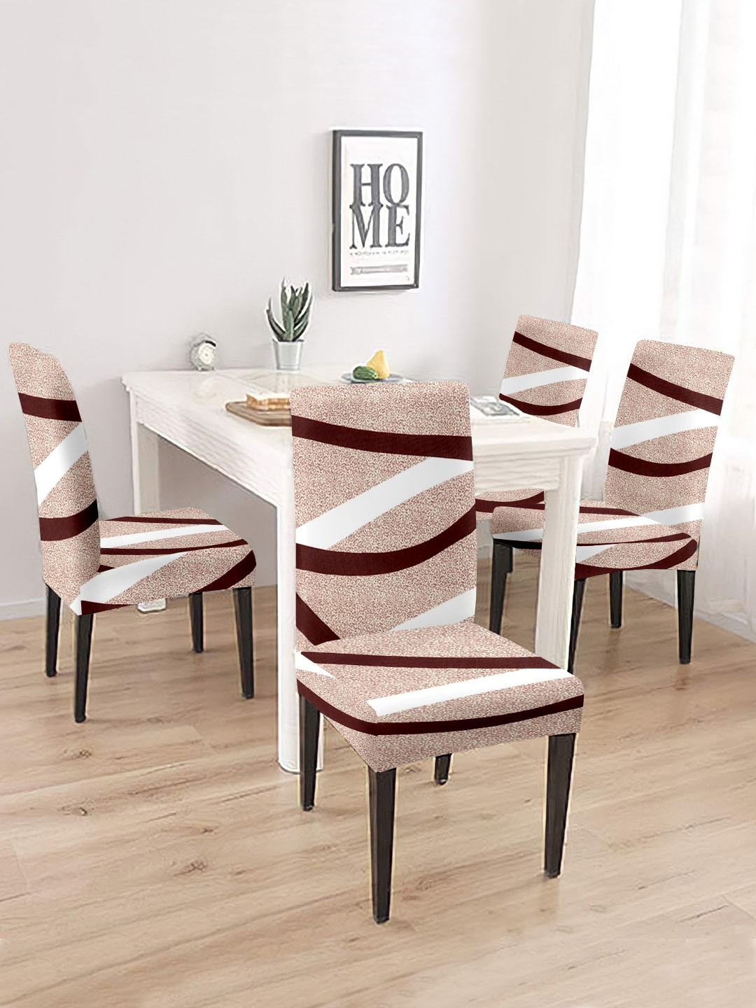 Cortina 4 Pieces Beige & White Abstract Printed Non-Slip Chair Covers