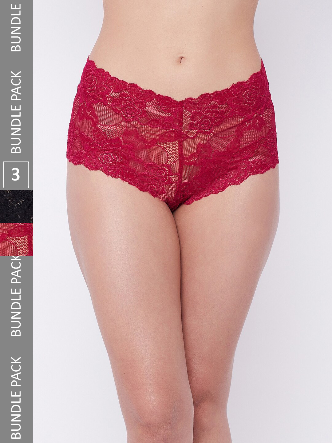 SECRETS BY ZEROKAATA Women Self Design Pack of 3 Assorted Lace Hipster Nylon Briefs