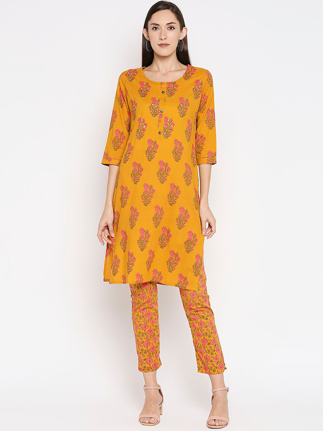 Jevi Prints Women Floral Printed Pure Cotton Kurta with Trousers