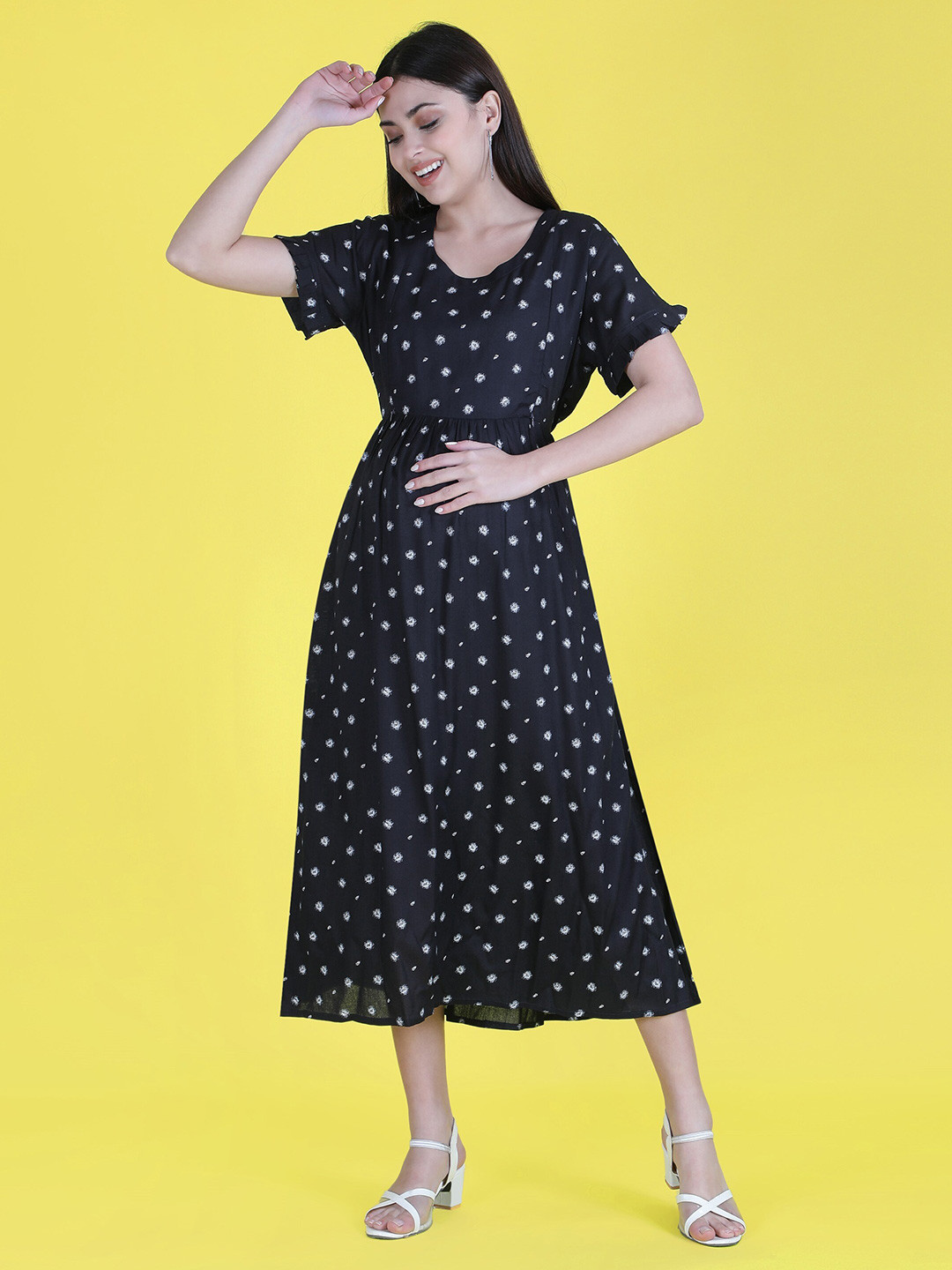 NIGHTSPREE Floral Printed Maternity Feeding Midi Dress