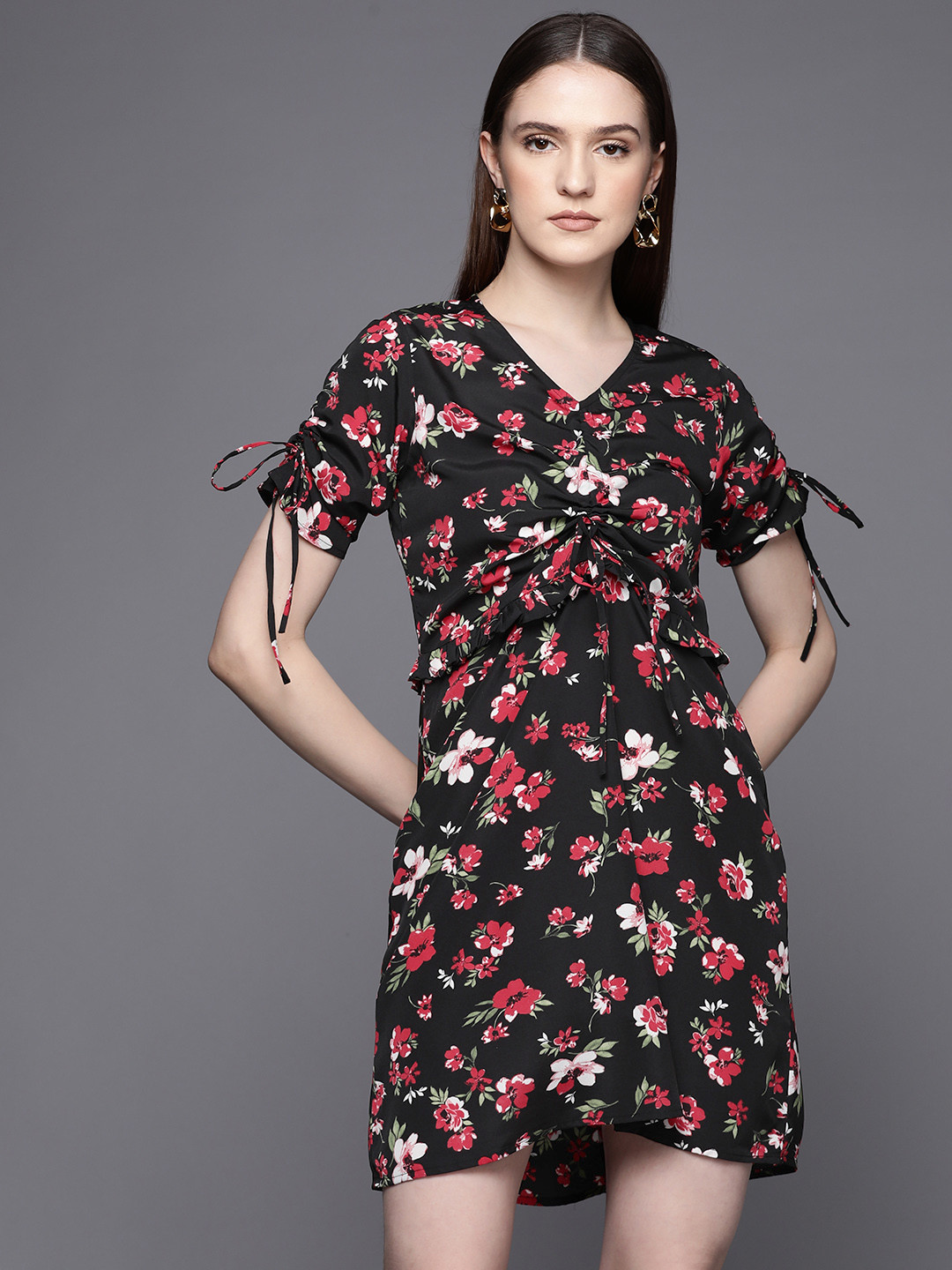 PINKSKY Black & Red Floral A-Line Dress