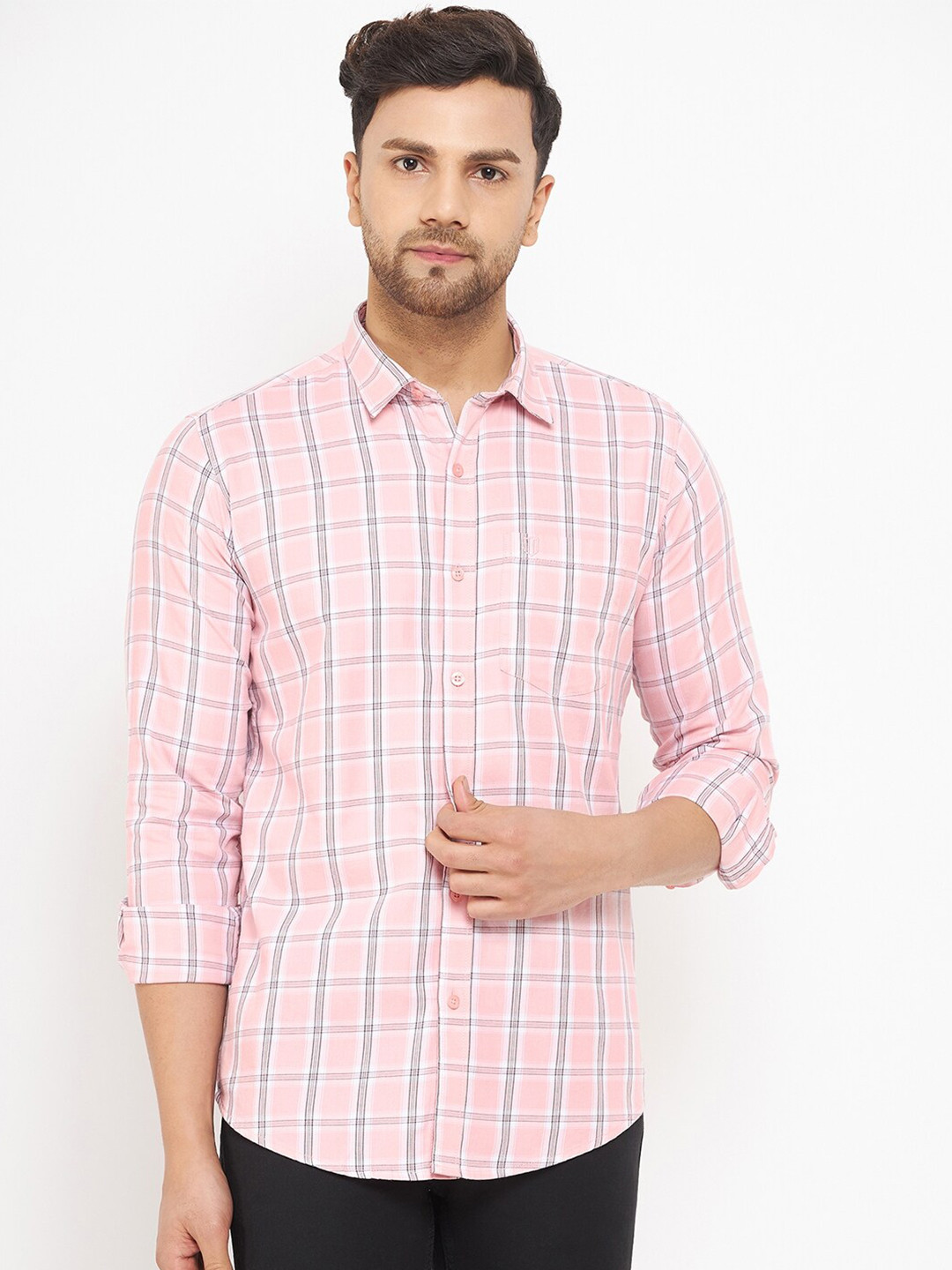 Duke Men Slim Fit Windowpane Checks Knitted Cotton Casual Shirt