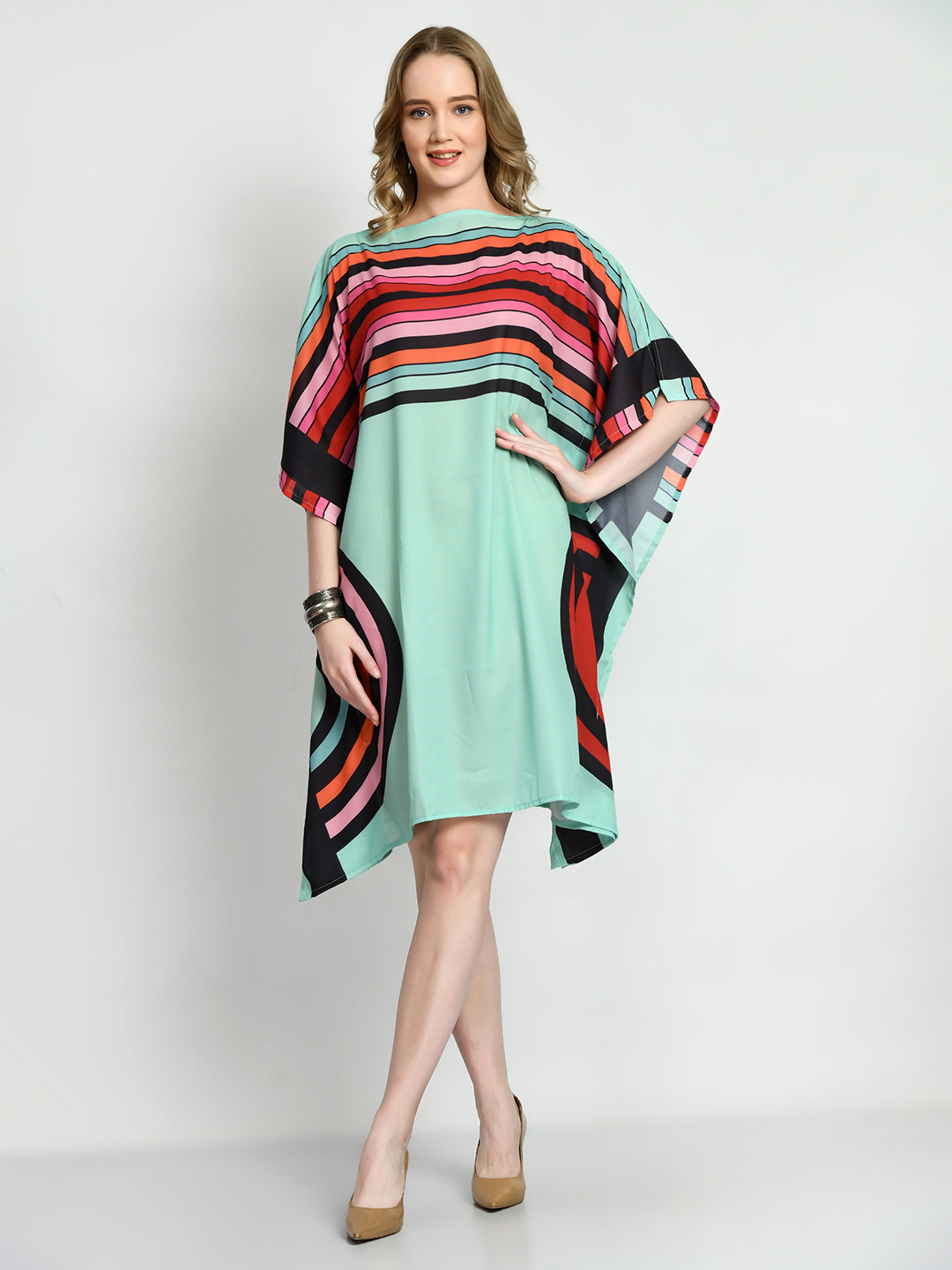 Navvi Satin Boat Neck A-Line Kaftan Dress