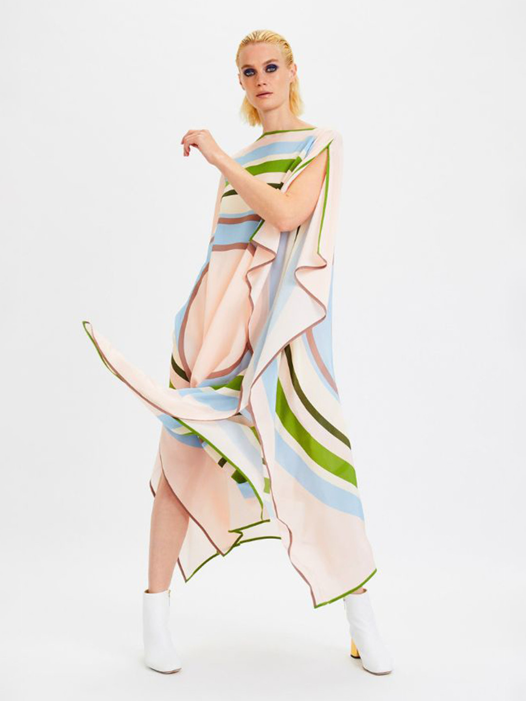 Navvi Striped Satin Boat Neck Maxi Kaftan Dress