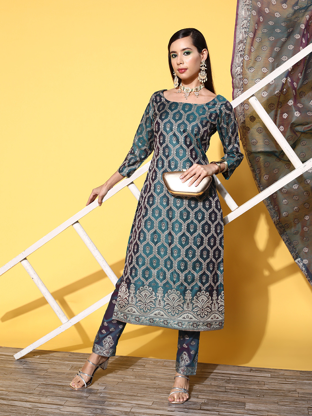 Inddus Teal Pure Cotton Unstitched Dress Material