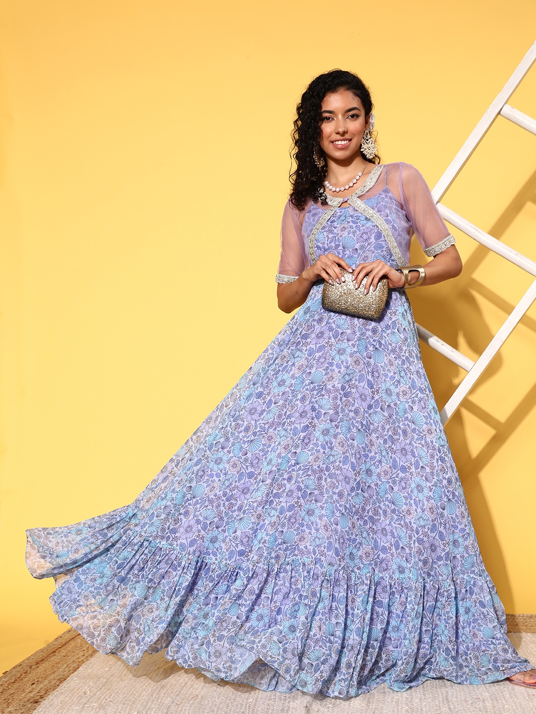 Buy Inddus Lavender Blue Floral Chiffon Maxi Dress With Net Jacket Dresses for Women 21604498 Myntra