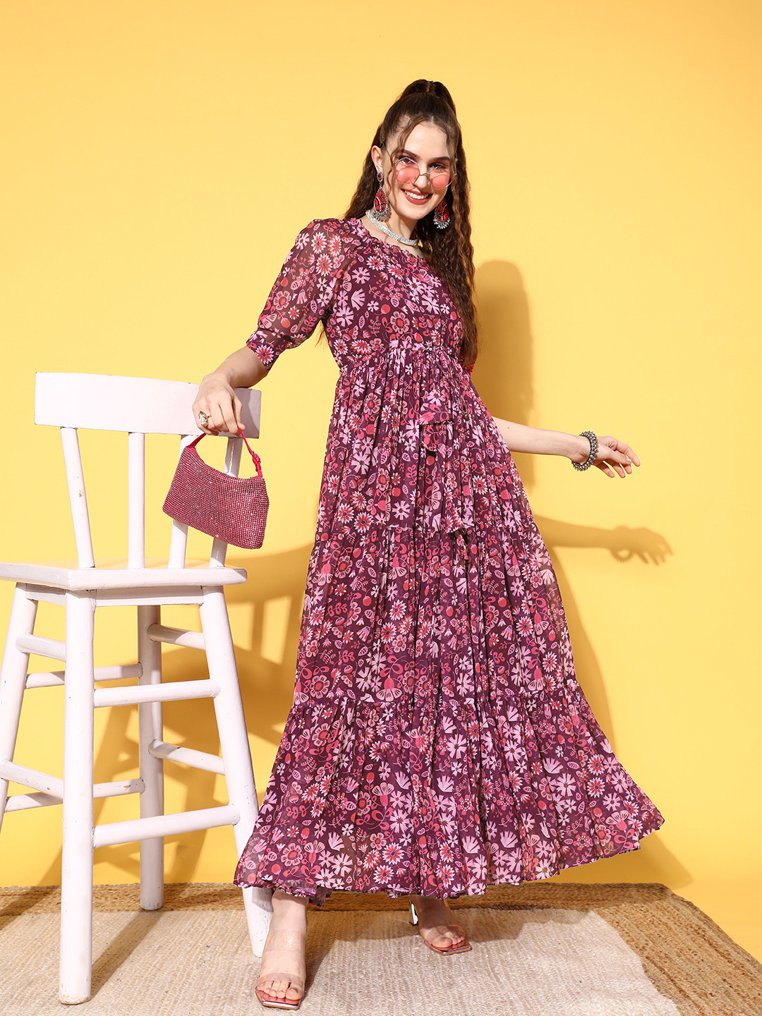 Inddus Purple Floral Print Puff Sleeves Georgette Maxi Dress