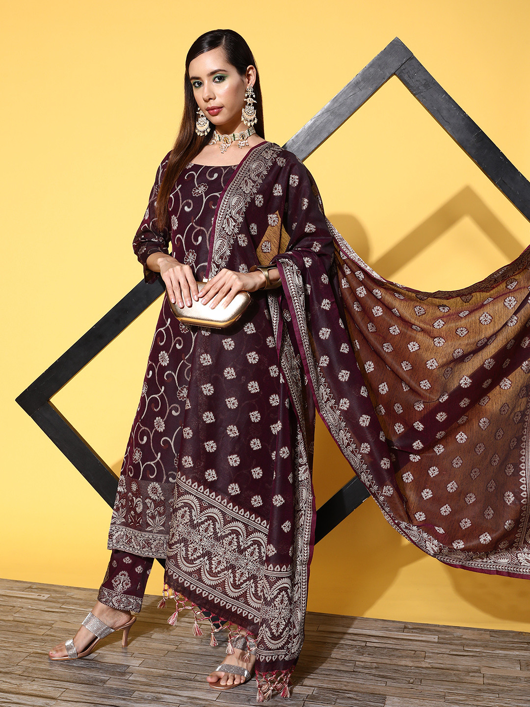 Inddus Burgundy Pure Cotton Unstitched Dress Material