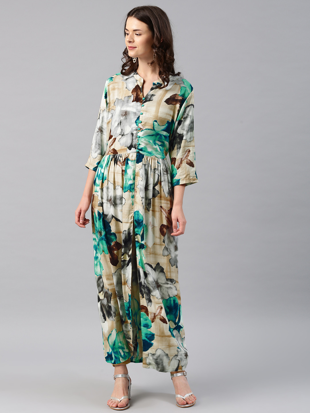 Shree Women Beige & Green Printed A-Line Kurta