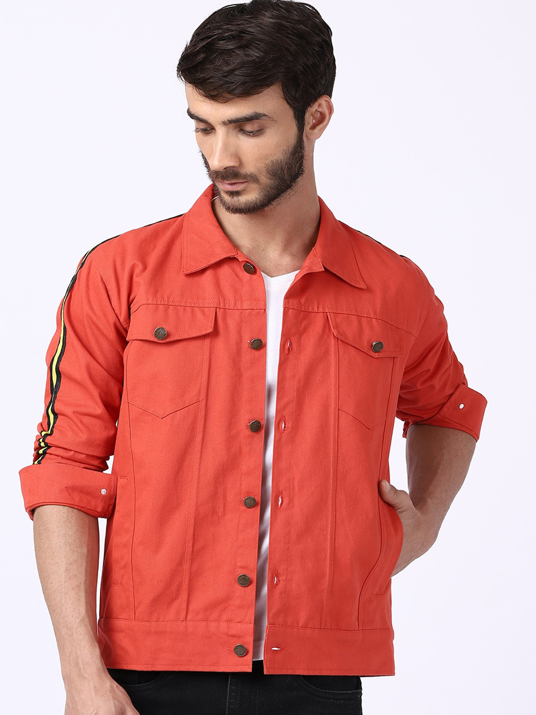 VOXATI Men Orange Denim Jacket