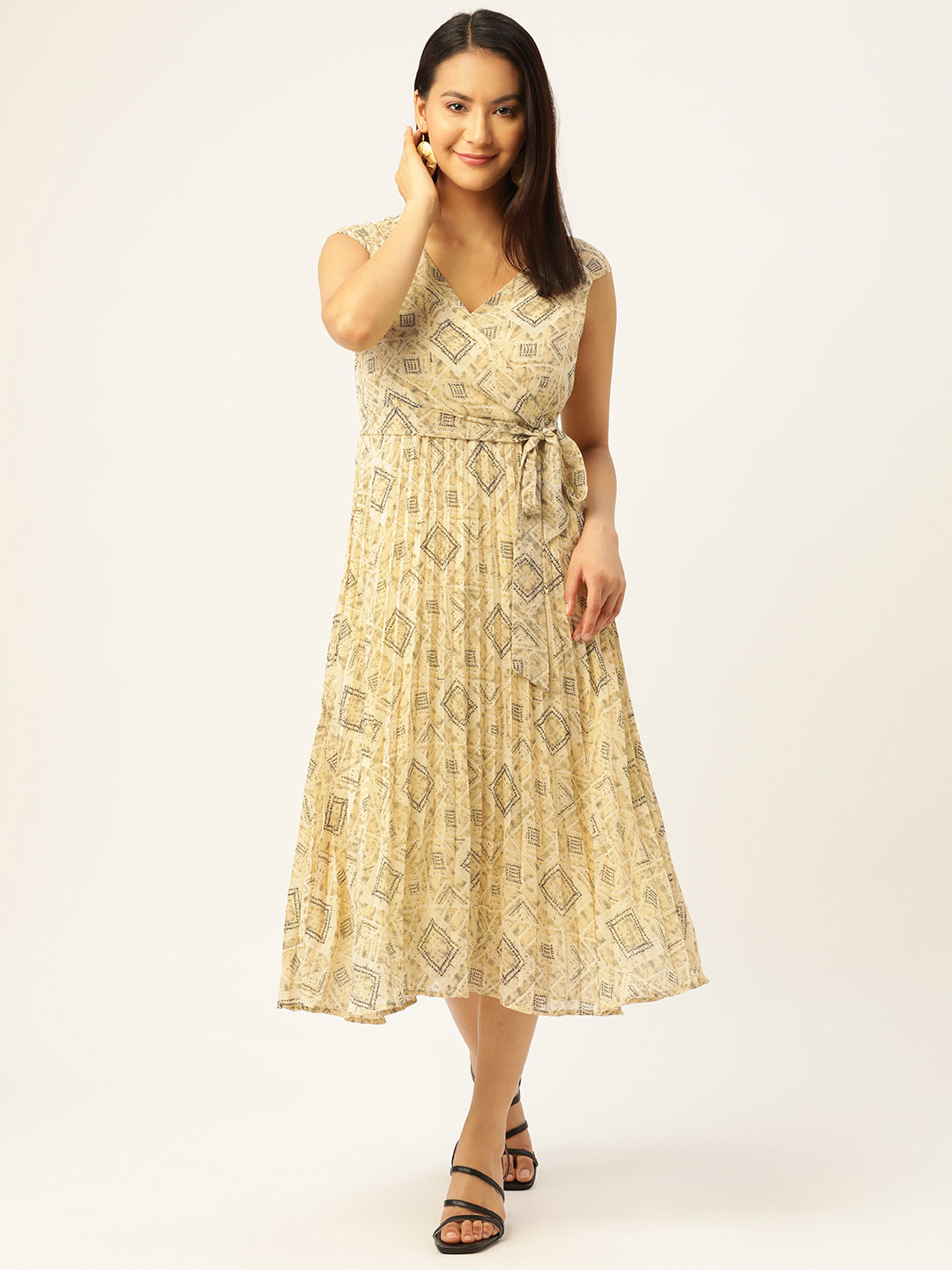 Slenor Geomatric Print Georgette Midi Wrap Dress