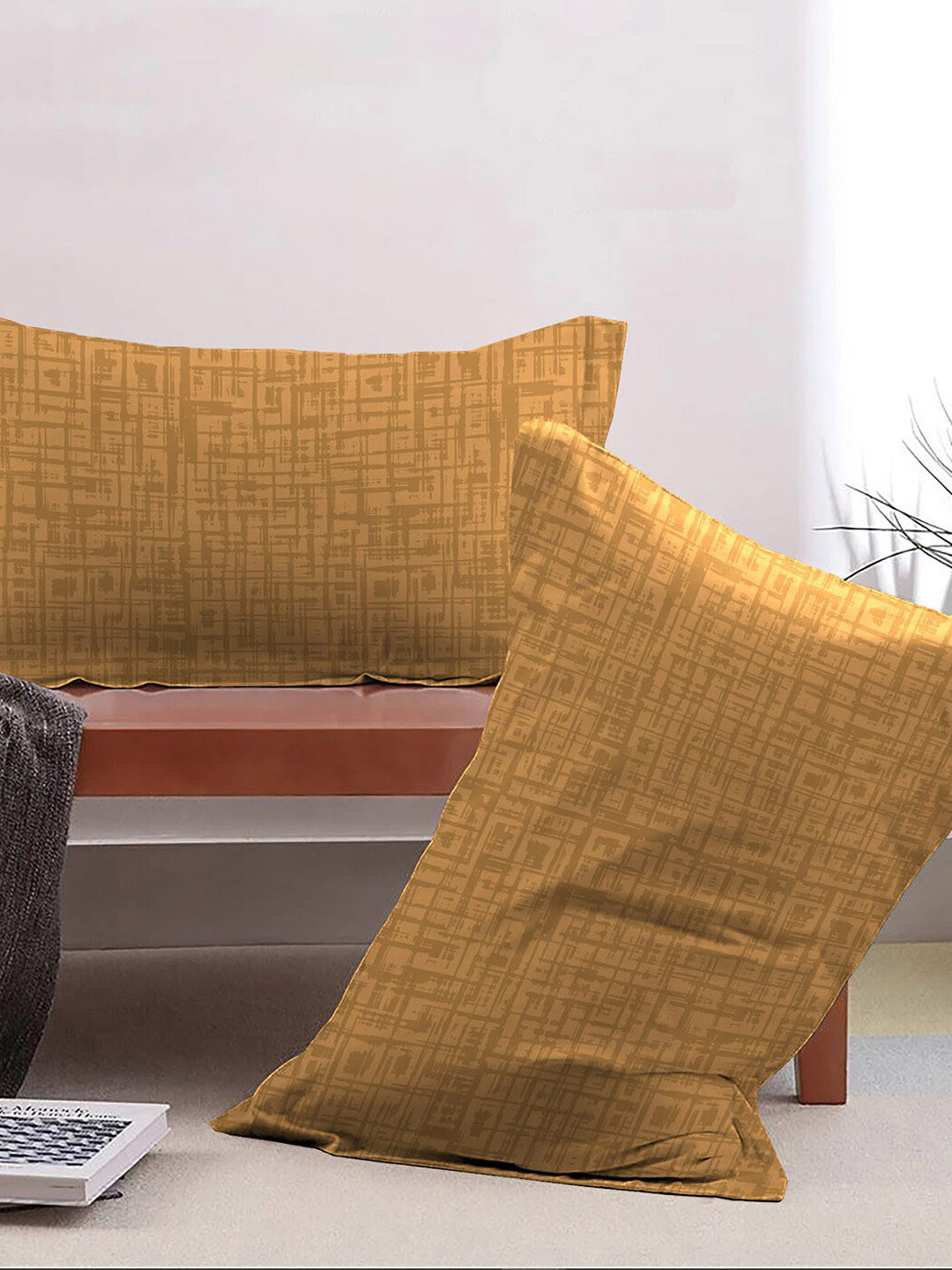 MYTRIDENT Feather Tales Mustard Yellow 2 Pcs Printed Pure Cotton 144 TC Pillow Covers