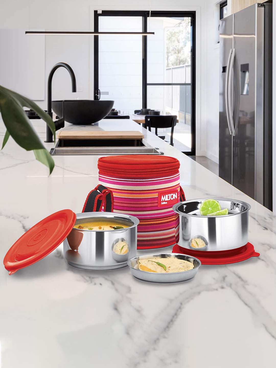 Milton Ribbon Red Solid Stainless Steel Leak Resistant 2PCs Lunch Box With Spoon and Fork