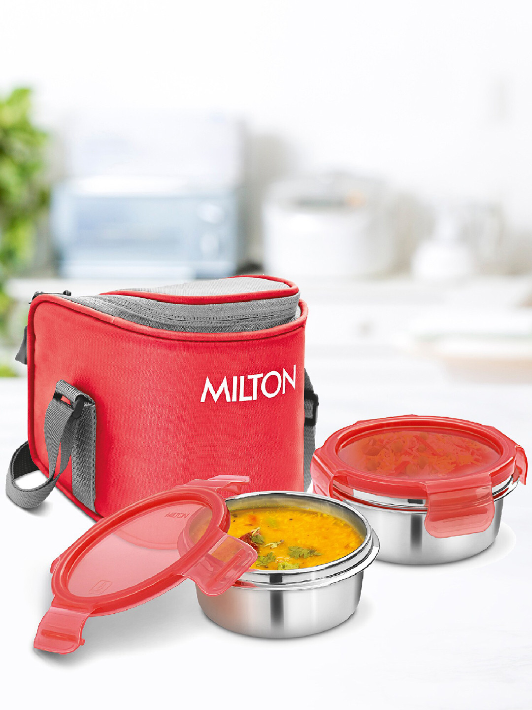 Milton Cube 2 Red Solid Stainless Steel Leak Resistant 2PCs Lunch Box With Spoon and Fork