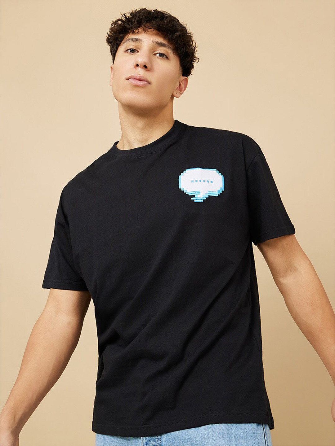 Styli Black Chat Box Embroidery Detail Oversized T-Shirt