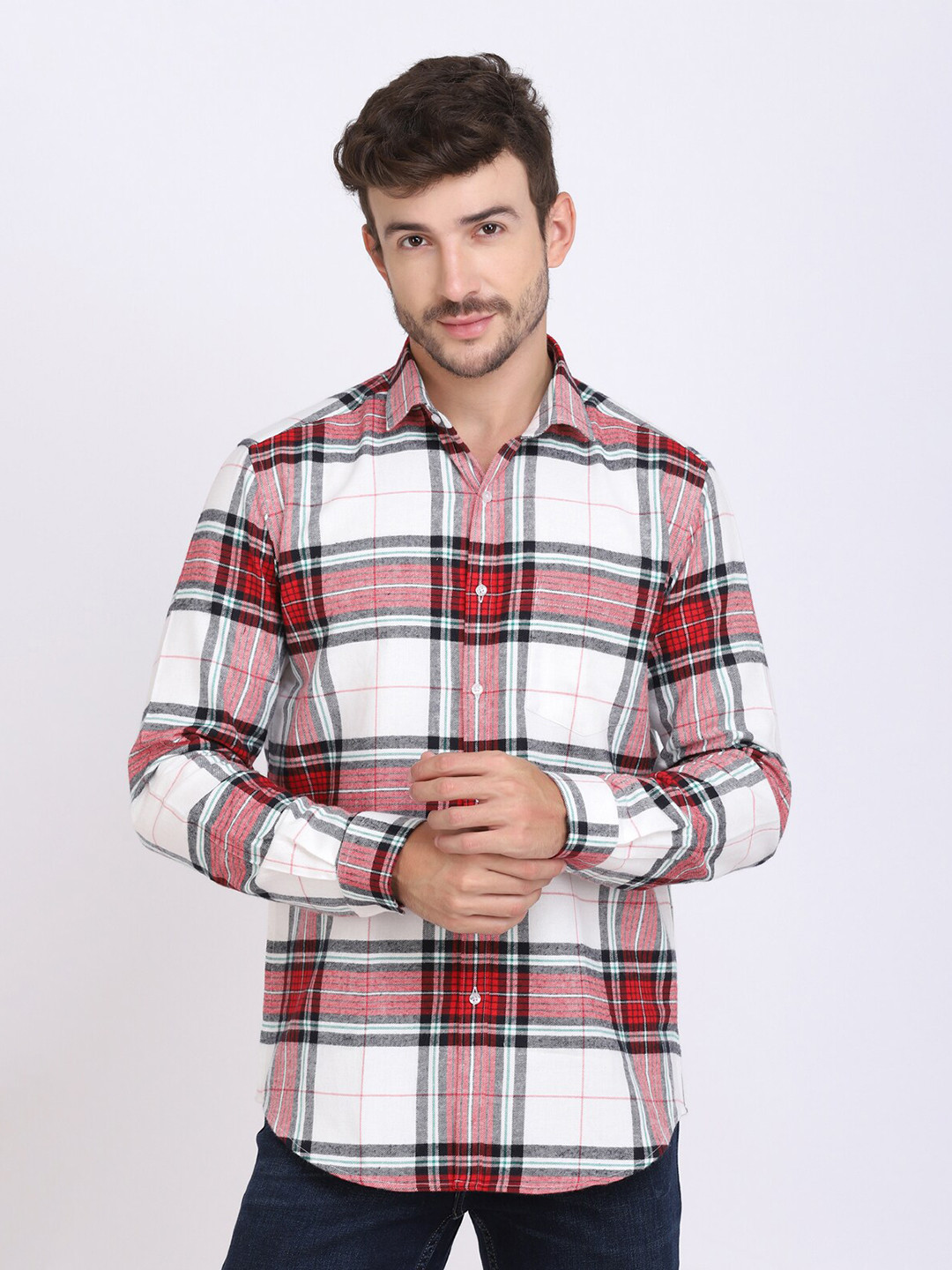 JJAAGG T Men Tartan Checked Flannel Weave Pure Cotton Casual Shirt