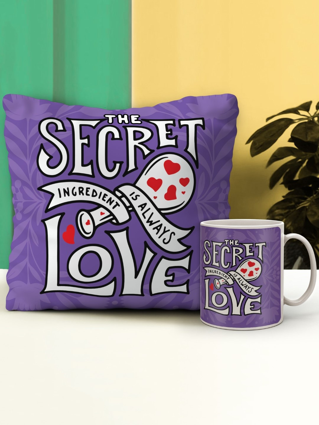 Indigifts 2 Pcs Purple Printed Satin Filler Cushion Cover and Coffee Mug