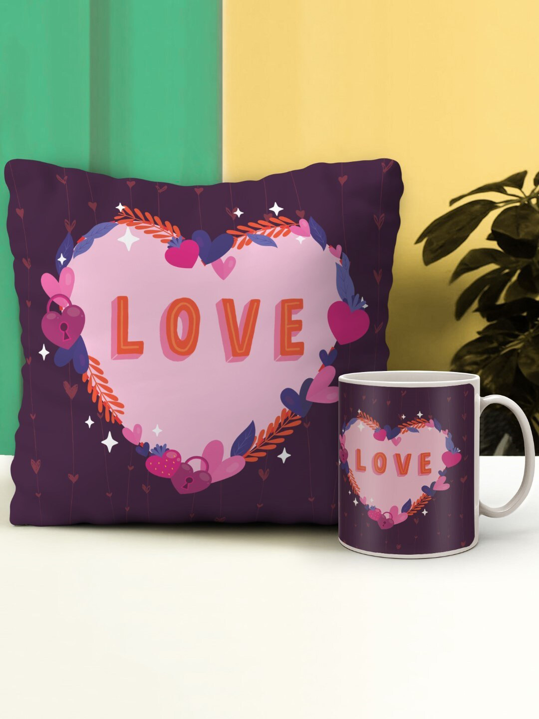 Indigifts Printed Purple Cushion Cover and Coffee Mug